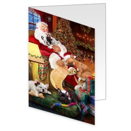 Santa Sleeping with French Bulldog Dog and Puppies Greeting Cards - Adorable Pets Invitation Cards with Envelopes - Pet Artwork Christmas Greeting Cards (10 Greeting Cards)