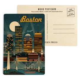 Boston, Massachusetts, Retro Skyline (4x6 Birch Wood Postcards, 2-Pack Stationary, Rustic Home Wall Decor)