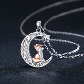 ABIGY Fox Necklace 925 Sterling Silver Animal Fox Chain Fox Moon Pendant with Opal Chain Fox Jewellery Gift for Women Girls, Sterling Silver