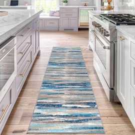 Lansny Modern Abstract Runner Rug 2x7, Blue Washable Kitchen Runner Entryway Rug Mat Non-Slip Soft Hallway Rug Runner Thin Print Faux Wool Carpet for Bedroom Laundry Room Indoor Home Decor