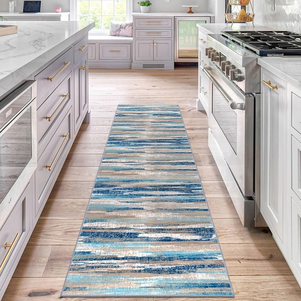 Lansny Modern Abstract Runner Rug 2x7, Blue Washable Kitchen Runner