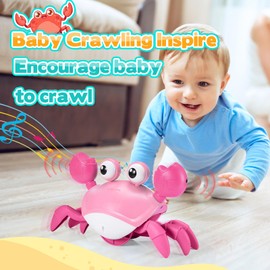 Crawling Crab Baby Toy, Exssary Tummy Time Baby Toys Infant Girl Gifts Sensory Toys for Babies Toddler Christmas Birthday Gifts Walking Crab Adjustable Speed & Sound Pink