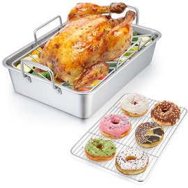 P&P CHEF 14" Roaster Roasting Pan with Baking Rack and V-shaped Rack, Stainless Steel Rectangular Lasagna Pan with Handles for Turkey Chicken, Healthy & Dishwasher Safe, 3 Pieces, Silver