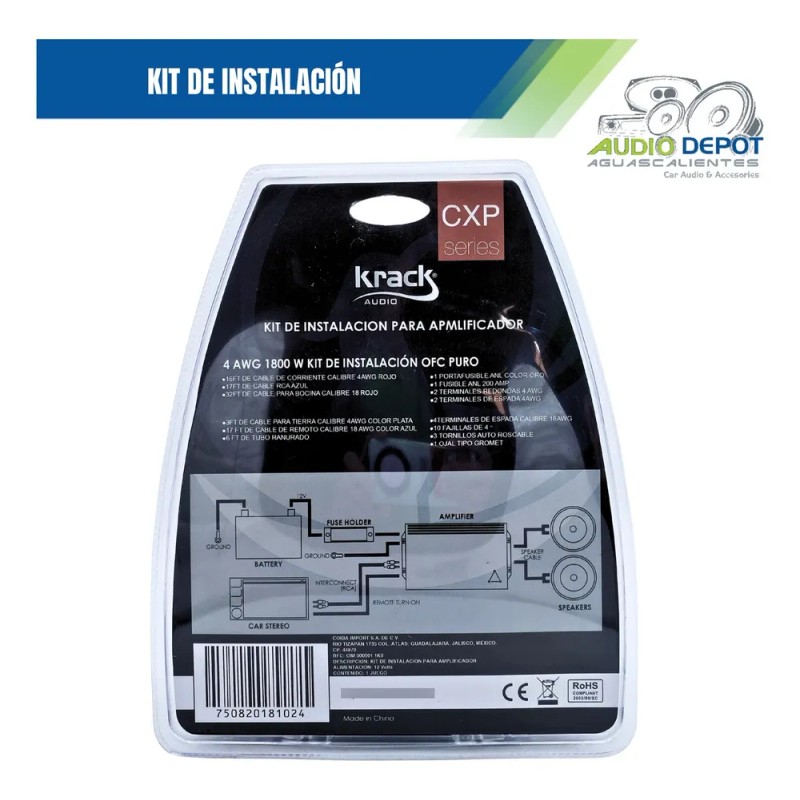 Kit De Instalacion Amplificador Cal 4 Krack 100% Cobre 1800w
