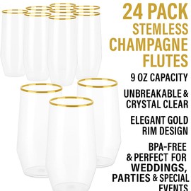Oojami 24 piece pack 9 oz Champagne Flutes Stemless Disposable cups Unbreakable Crystal Clear Plastic Mimosa Glasses Set of 24 ideal for Wedding Birthday (9 Ounce - Gold Rim)