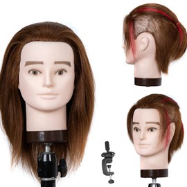 Male Mannequin Head 100% Human Hair, Barber Mannequin Head Manikin head for Cutting Styling With Training doll head for hair styling and Practice with Clamp Stand (pale brown)