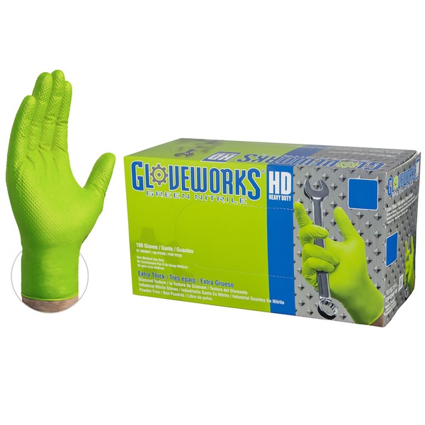 GLOVEWORKS HD Industrial Green Nitrile Gloves with Raised Diamond Texture Grip, Box of 100, 8 Mil, Size X-Large, Latex Free, Powder Free, Textured, Disposable, Food Safe, GWGN48100BX
