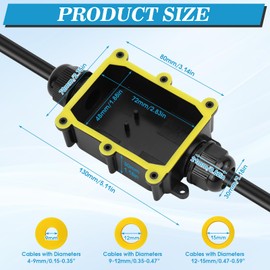 IP68 2-Way Waterproof Junction Box Outdoor Waterproof Cable Connector with Screwdriver for Cable Diameter 4 mm - 15 mm Black