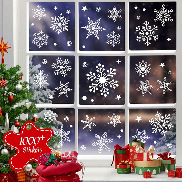 1000+ Double-Sided Christmas Window Clings, 25+ Designs Snowflake Static Stickers Window Decoration Xmas Ornaments Reusable Frozen Party Supplies New Year Decals for Winter Holiday