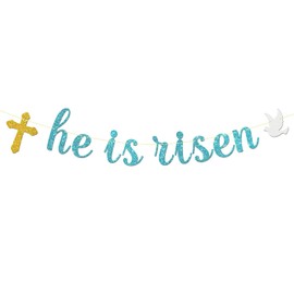 Maicaiffe He is Risen Banner - Easter Party Banner Decor - Cross Religious Holiday Party Decorations, Blue Glitter