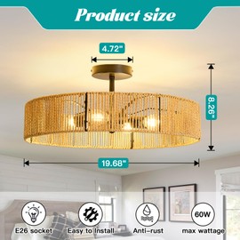 hesoge Boho Rattan Ceiling Light Fixture Rustic Black Semi Flush Mount Ceiling Light 20 Inches 4 Light Woven Chandelier for Farmhouse Hallway Bedroon Living Room Dining Room Kitchen Island