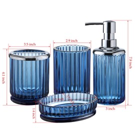 4PCs Heavy Weight Decent Blue Glass Bathroom Accessories Set with Decorative Pressed Pattern - Includes Hand Soap Dispenser & Tumbler & Soap Dish & Toothbrush Holder (Cobalt Blue)