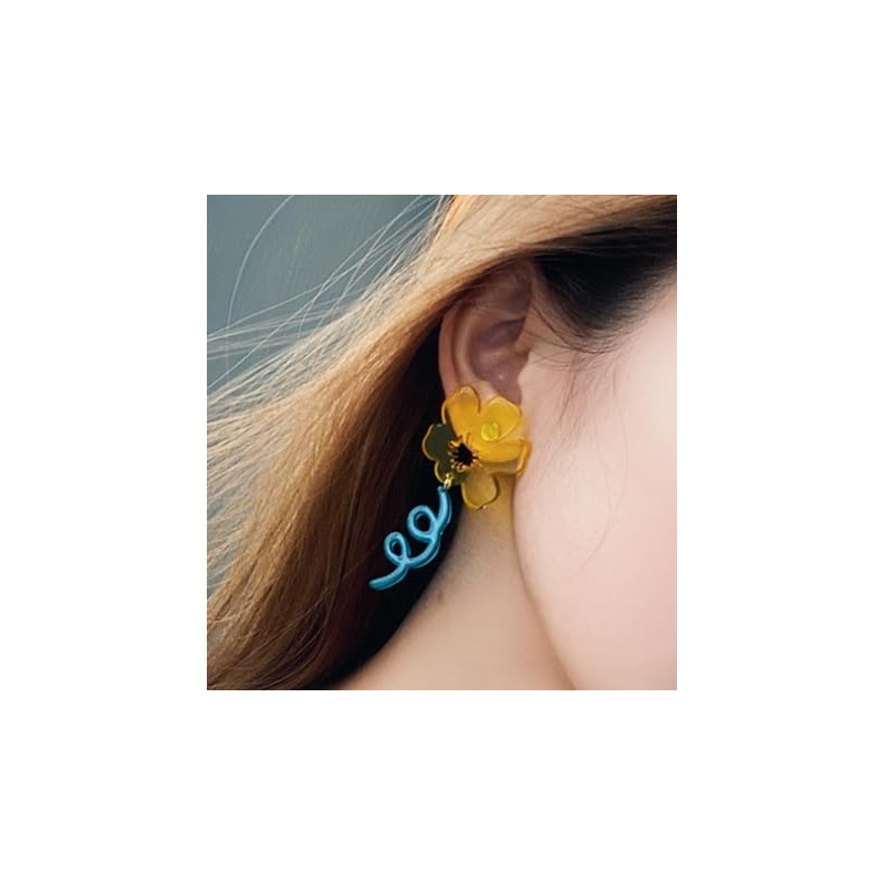 Trendy Asymmetrical Acrylic Earrings - 925 Silver Needle, Transparent Floral
