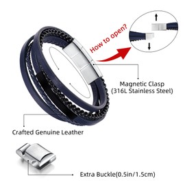 LUCKY2+7 Leather Bracelet for Men with Adjustable Stainless Steel Magnetic Clasp Multi-Layer Braided Mens Leather Bracelet