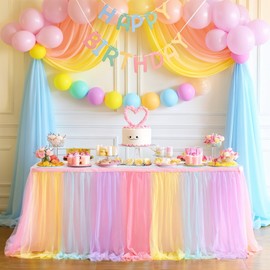 Suppromo Rainbow Party Table Skirt for Baby Shower Girl Birthday Party 9ft Tulle Tutu Table Skirt Decorations for Gender Reveal Unicorn Theme Party Decorations(L9(ft) H 30in, Rainbow)