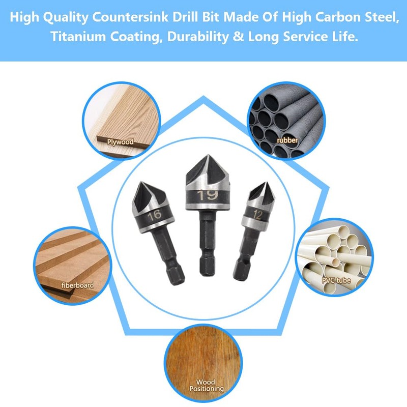 Hocansen 3 Piece Hex Countersink Drill Bit Set 5 Flutes