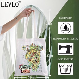 LEVLO Fun State Map Of Illinois Tote Bag Illinois Travel Souvenir Gift 1940’s Illinois Cartoon Illustration Shoulder Bag, Illinois Tote, Large