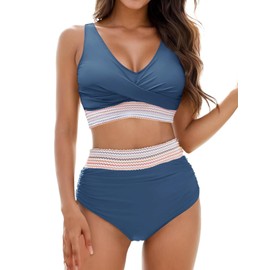 Vemubapis Womens High Waisted Bikini Set Tummy Control Color Block Bathing Suits Twist Front Two Piece Swimsuits Space Blue L