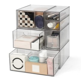 OSTWOLKE Acrylic Desk Organiser with 6 Drawers, Plastic Make-Up Organiser, 23 x 16.5 x 28.5 cm, Clear Drawer Box, Stackable for Home Office & Dressing Table, Ideal for Office Supplies, Cosmetics
