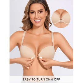 Upushall Women‘s Push Up Front Closure Thick Padded Underwire Bra Mesh Back Plunge T-Shirt Bras Beige 36A