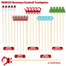 LOKIPA 150PCS Christmas Cocktail Picks, Christmas Cocktail Toothpicks for Appetizers Christmas Cocktail Sticks for Christmas Party Decoration (4.72 Inch)
