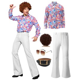 70s Disco Outfits for Men 70's Retro Clothes Shirt Bell Bottom Pants Vintage Hip Hop Costume with Wig Accessories Blue L