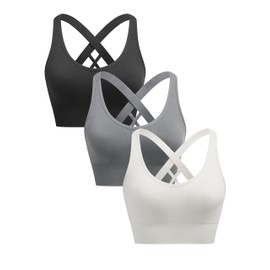 ANGOOL Women's Sports Bra Without Underwire Push Up Bra Strong Hold Sports Bustier Women's Padded Crossback Seamless Yoga Jogging Gym Sports Bra, Black + grey + white