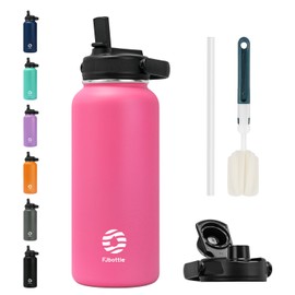 Fjbottle - Botellas de agua aisladas de acero inoxidable de 32 onzas con tapa de popote y tapas de boquilla, botella de agua deportiva, doble pared, a prueba de sudor, última intervensión de BPA para mantener el agua fría 24 horas o caliente 12 horas, co