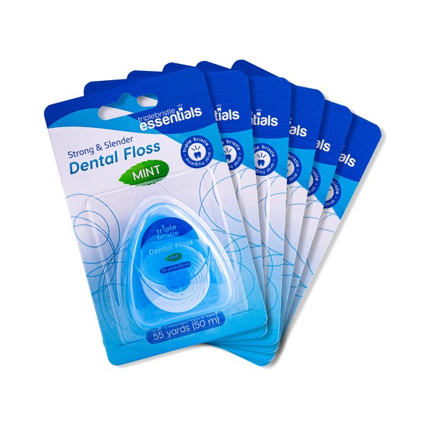 Triple Bristle Dental Floss | Anti Plaque Polytetrafluorethylene Floss (PTFE) | Gentle Easy Glide Satinfloss | Pro-glide Ultra Clear Strong & Slender | Mint Flavored | 55 yards (50m) per pack | 6 pack