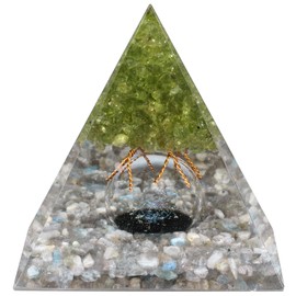 KYEYGWO Labradorite Positive Energy Pyramid Gemstone with Crystal Ball, Stone Tree of Life Pyramid Healing Crystal Pyramid Desktop Ornament for Home Decor Meditation Lucky Charm