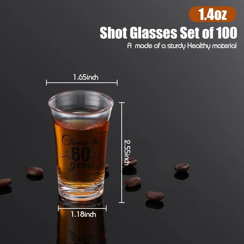 Hushee 100 Pcs 60th Birthday Shot Glasses Bulk, 1.4oz Cheers