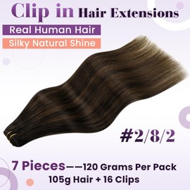 LaaVoo Clip in Hair Extensions Real Human Hair Dark Brown Balayage Human Hair Extensions Clip ins # 2 Mix Light Brown Real Hair Extensions Clip ins Remy Natural Straight 16 Inch 7pcs 120g