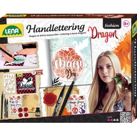 Lena 42336 Hand Lettering and Calligraphy Set, Colouring Book with Dragon Motifs, 2 Black Pens, 2 Feathers with Ink Bottle, Stickers and 4 Letter Templates, Creative Set for Children from 8 Years