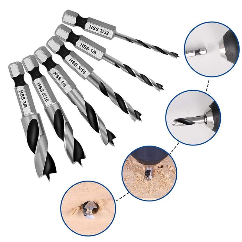 Gasea 6pcs Brad Point Drill Bits Set1/4-Inch Hex Shank HSS