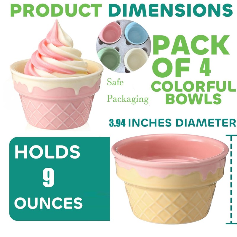 ONEUSTAR 4 Pcs Ice Cream Bowls Ceramic Ice Cream Cups