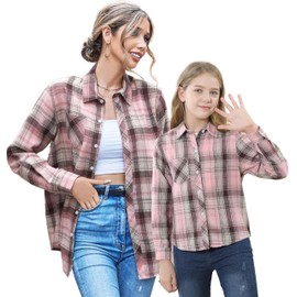 SANGTREE Family Matching Flannel Shirts Girls Flannel Shirts Long Sleeve Button Down Plaid Shirts Pink, 3-4T = Tag 110