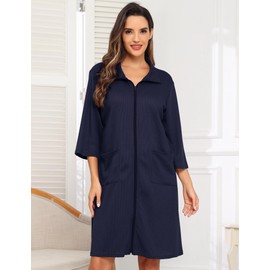 Lovasy Women's Zip Robes Waffle Dressing Gowns for Women UK 3/4 Sleeve Bathrobe Summer Ladies Dressing Gowns Lightweight Knee Length Housecoat with Pockets,Navy Blue,S