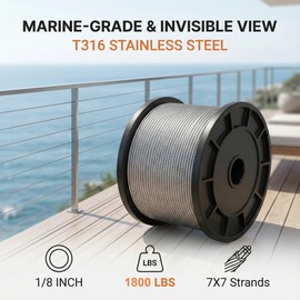 RECTOO 1000FT 1/8" T316 Stainless Steel Cable with Cutter, 7x7 Strands Aircraft Wire Rope for Deck Railing, Stair Handrail, Porch Fence, High Strength for Indoor and Outdoor Use