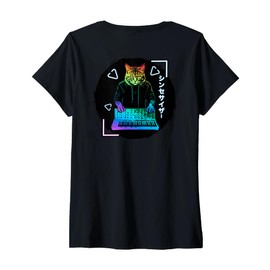 Womens Backprint | Synthpop Music, Cats Synth-Japanese Synthesizer V-Neck T-Shirt