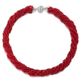 Bright Red Statement Necklace Multi-layer Beads Crystal Braided Chain Choker Collar Magnetic Clasp(CA)