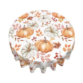 AEIOAE Fall Tablecloth 70 Inch Round Watercolor Burnt Orange Grey Pumpkin Leaves Table Cloth,Autumn Leaf Thanksgiving Stain Resistance Polyester Indoor Outdoor Table Covers for Kitchen Dining Party