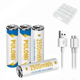 PULOMI 4pcs AA Battery, USB/Type-C AA Rechargeable Batteries, High Capacity 1.5V 1666mAh 2500mWh, 1.5 Hours Fast Charge, Cycle Times up to 1200x with Type-C Port Charging Cable