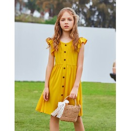 Arshiner Girls' Dresses Summer Casual Sundress A-line Cotton Party Wear Dresses (Yellow, 11-12 Years)