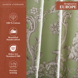 Maison d' Hermine Curtains for Living Room 100% Cotton 84 inch Length One Panel Light Filtering Toile Curtains for Bedroom Windows with Rod and Loop Pockets Drapes (Joli Jouy Green, 50" W x 84" L)
