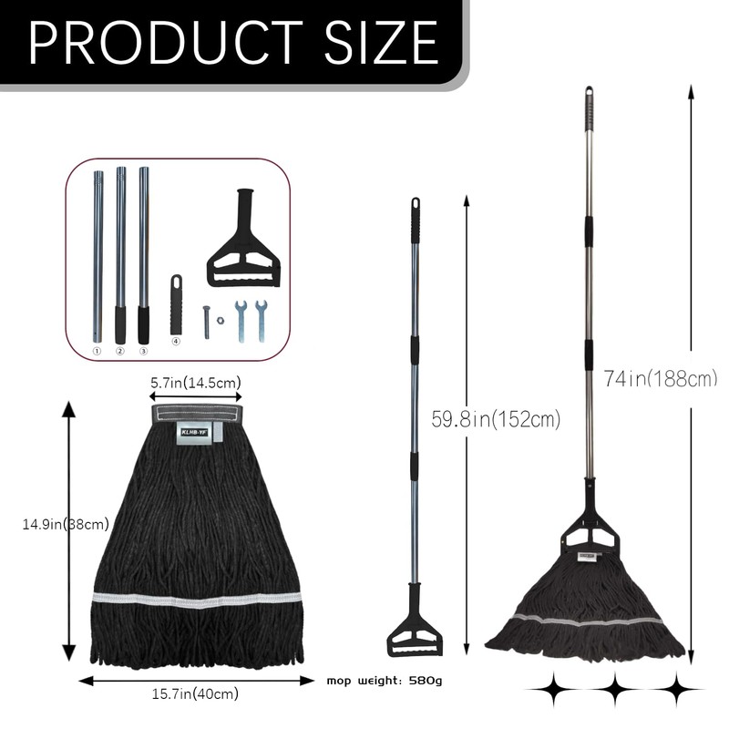 KLHB-YF Commercial Cotton Mop Heavy-Duty Industrial with 2 Replacement Heads