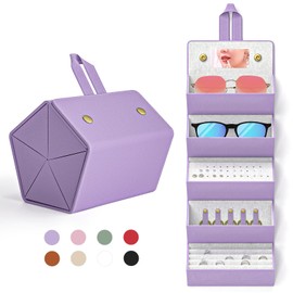 NPOOYI Travel Case for Sunlgasses and Jewelry, Foldable Jewelry Case Eye Glasses Organizer, Hanging Loop, Interior Mirror, 5 Compartments for Eyewears, Rings, Necklaces, Earrings, Purple