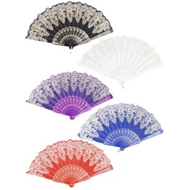 EOSAU Spanish Folding Fan Vintage Handheld Fan 5PCS Traditional Retro Pattern Fabric Plastic Frame for Wedding Dancing Party (5 PCS Mixed Color)