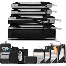 8 PCS Impermeable Bolsa Organizador de Viaje para Compresión Organizadores de Maleta, Para Ropa Zapatos,Cosméticos Accesorios (Negro)