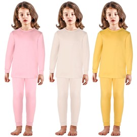 Silkfly 3 Sets 12M-12Y Kid Boys Girls Thermal Underwear Set Fleece Lined Long Winter Johns Base Layer Thermal Top and Bottom(Pink, Apricot, Yellow,9-10Y)