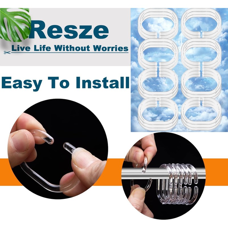 Resze 24 PCS Shower Curtain Rings, Plastic Clear Shower Curtain